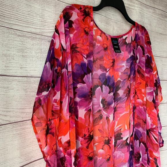 Catalina Pink and Red Floral Swimsuit Cover Up Fringe Cardigan Kimono Size L - Picture 15 of 16